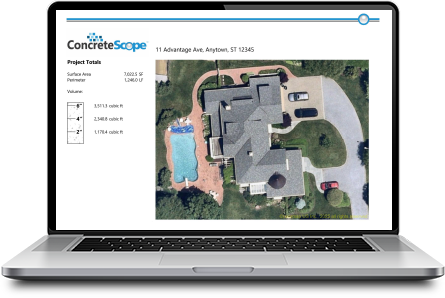 Laptop displaying a ConcreteScope measurement report, featuring detailed surface area and layout data for accurate concrete estimates and material planning on concretescope.com